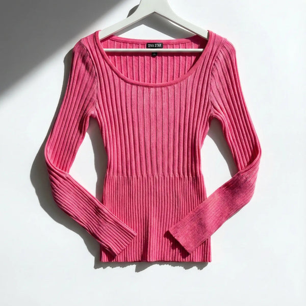 The DIVA STAR Ribbed Knit Scoop Neck Top Rolling Bargains