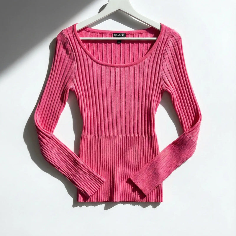 The DIVA STAR Ribbed Knit Scoop Neck Top Rolling Bargains