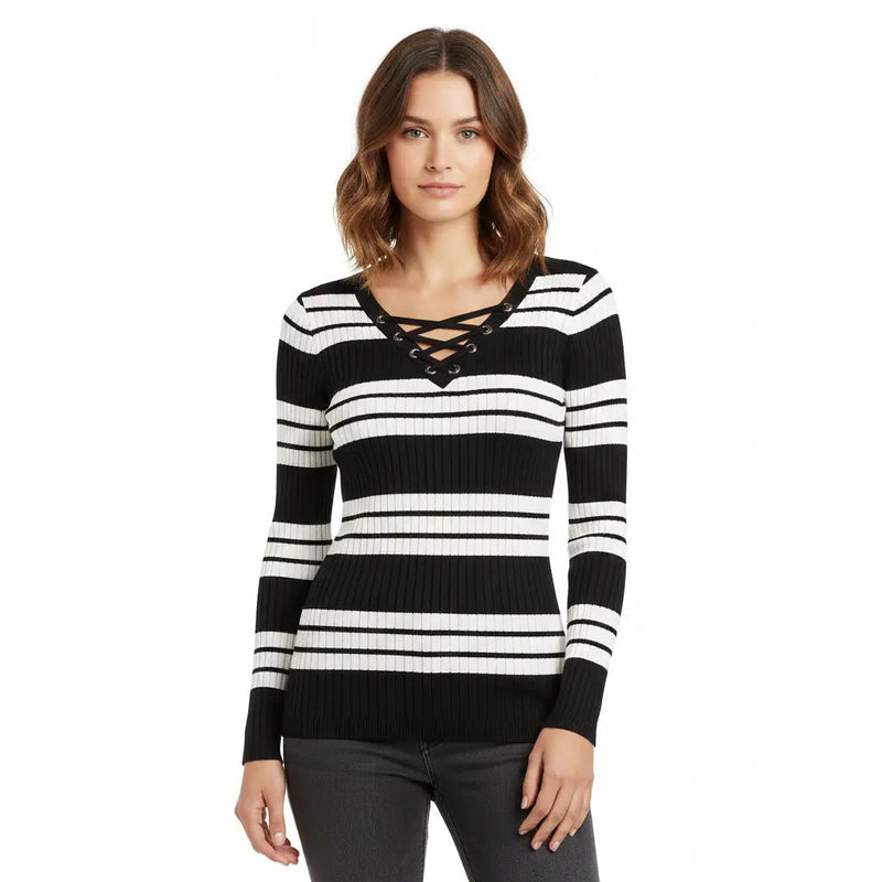 REBEL LOUS Black & White Stripe Lace-Up Ribbed Knit Top Rolling Bargains
