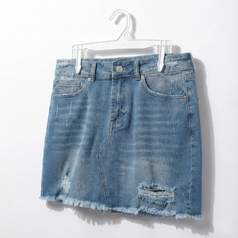 Distressed Denim Mini Skirt Rolling Bargains