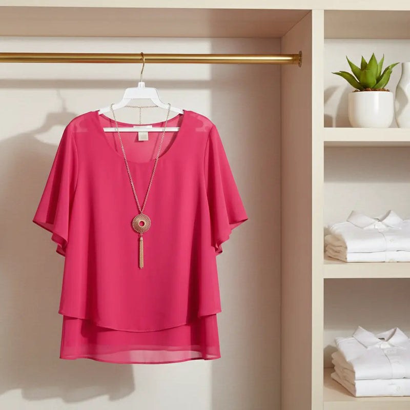 AGB Chiffon Popover Blouse with Necklace Rolling Bargains