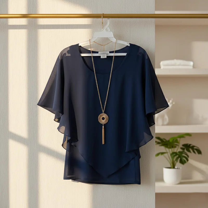 AGB Chiffon Popover Blouse with Necklace Rolling Bargains