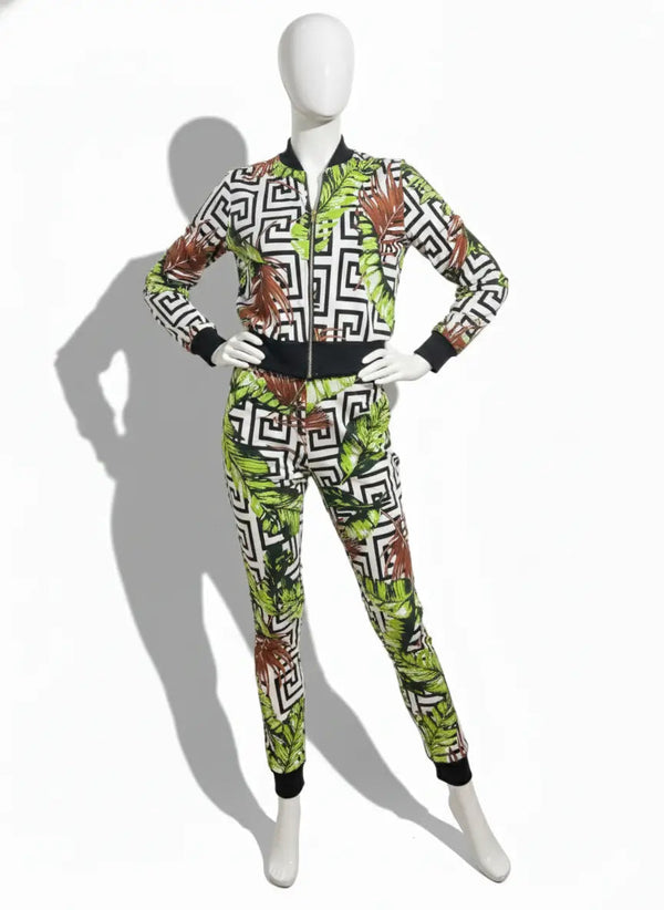 Monochrome Geo Tropical Tracksuit Set | Bomber Jacket & Joggers Rolling Bargains