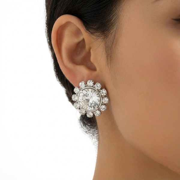 New Large Round Cubic Zirconia Halo Stud Earrings Silver Tone Crystal Bling Statement Jewelry Rolling Bargains