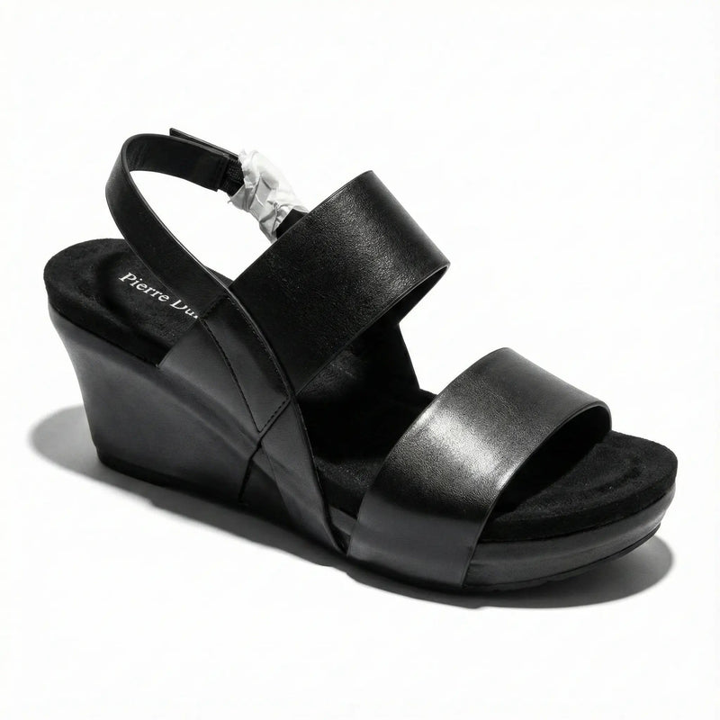 Pierre Dumas Black Double-Strap Comfort Wedge Sandals Rolling Bargains